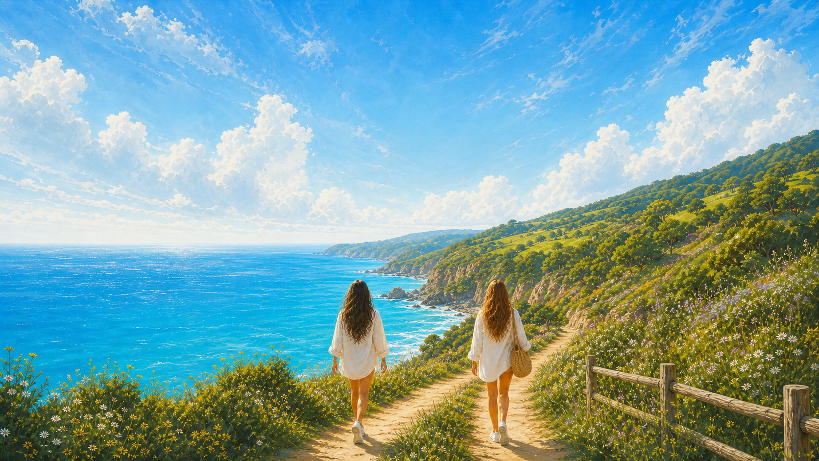 Two women walking a coastal path